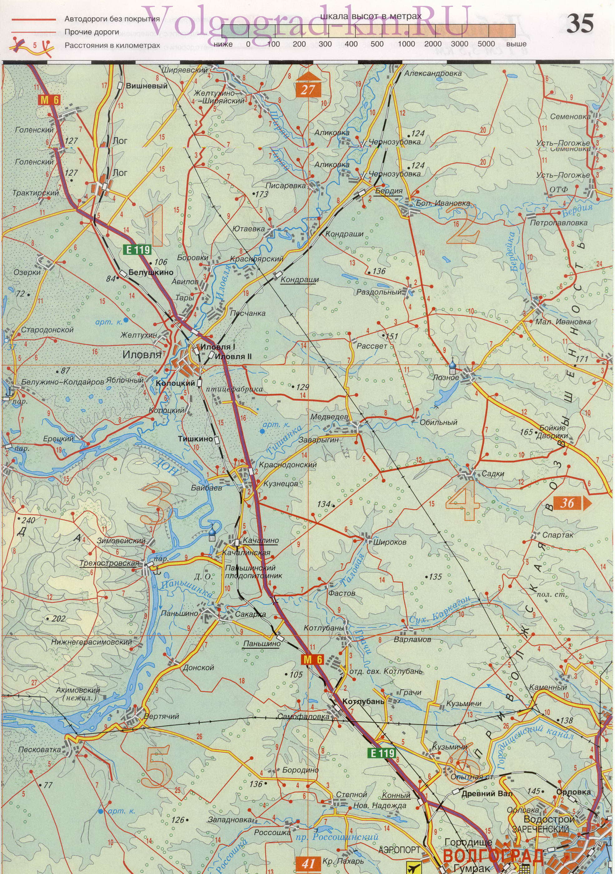 Карта Волгоградской области подробная. Крупномасштабная 1см:3,5км карта автодорог Волгоградской области, C2 - 